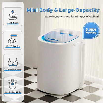 Portable Washing Machine, 5.5 Lbs Capacity, Compact Laundry Washer With Spin Tub & Drain Hose