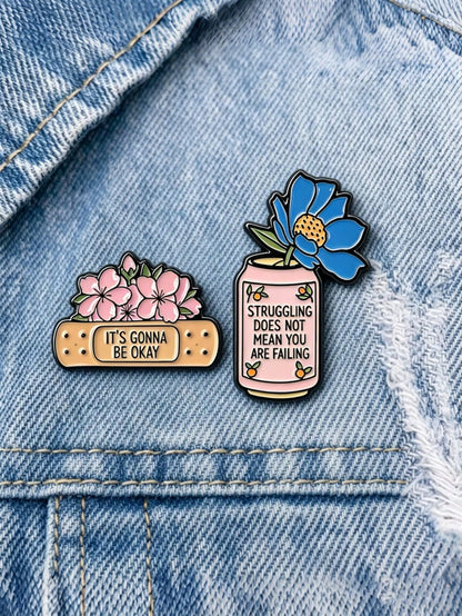 Positive Energy Enamel Badge Set, Healthy Mindset Flower Brooch, "Everything Will Be Alright" Lapel Pin, Lovely Spring Jewelry Gift For Women Gifts For Mother, Father, Graduation, And Teacher