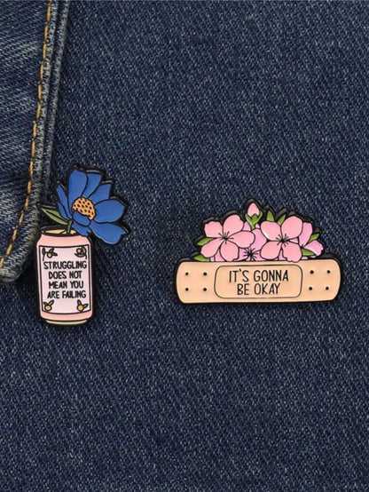 Positive Energy Enamel Badge Set, Healthy Mindset Flower Brooch, "Everything Will Be Alright" Lapel Pin, Lovely Spring Jewelry Gift For Women Gifts For Mother, Father, Graduation, And Teacher
