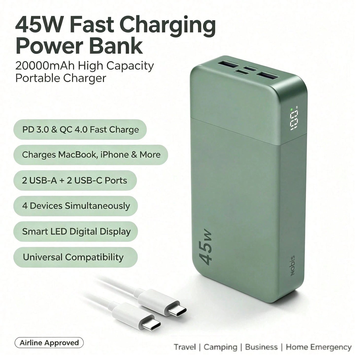 Power Bank, Portable Charger, 20000 MAh, 45 W, PD3.0, QC 4.0, Fast Charging Battery With LED Indicator, 2 USB-C, 2 USB-A For Apple Phone 17, Blue, Green For Apple Phone, Pad, Android Phone, Gifts For