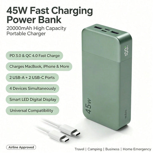 Power Bank, Portable Charger, 20000 MAh, 45 W, PD3.0, QC 4.0, Fast Charging Battery With LED Indicator, 2 USB-C, 2 USB-A For Apple Phone 17, Blue, Green For Apple Phone, Pad, Android Phone, Gifts For