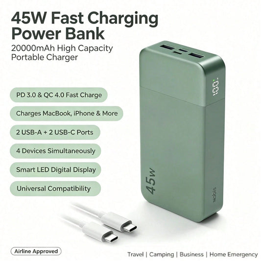 Power Bank, Portable Charger, 20000 MAh, 45 W, PD3.0, QC 4.0, Fast Charging Battery With LED Indicator, 2 USB-C, 2 USB-A For Apple Phone 17, Blue, Green For Apple Phone, Pad, Android Phone, Gifts For