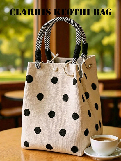 Practical And Stylish Canvas Tote Bag, Featuring Classic Polka Dot Pattern And Sturdy Woven Rope Handles. Durable Fabric, Secure Snap Closure And Spacious Interior Make It An Ideal Choice For Daily Us