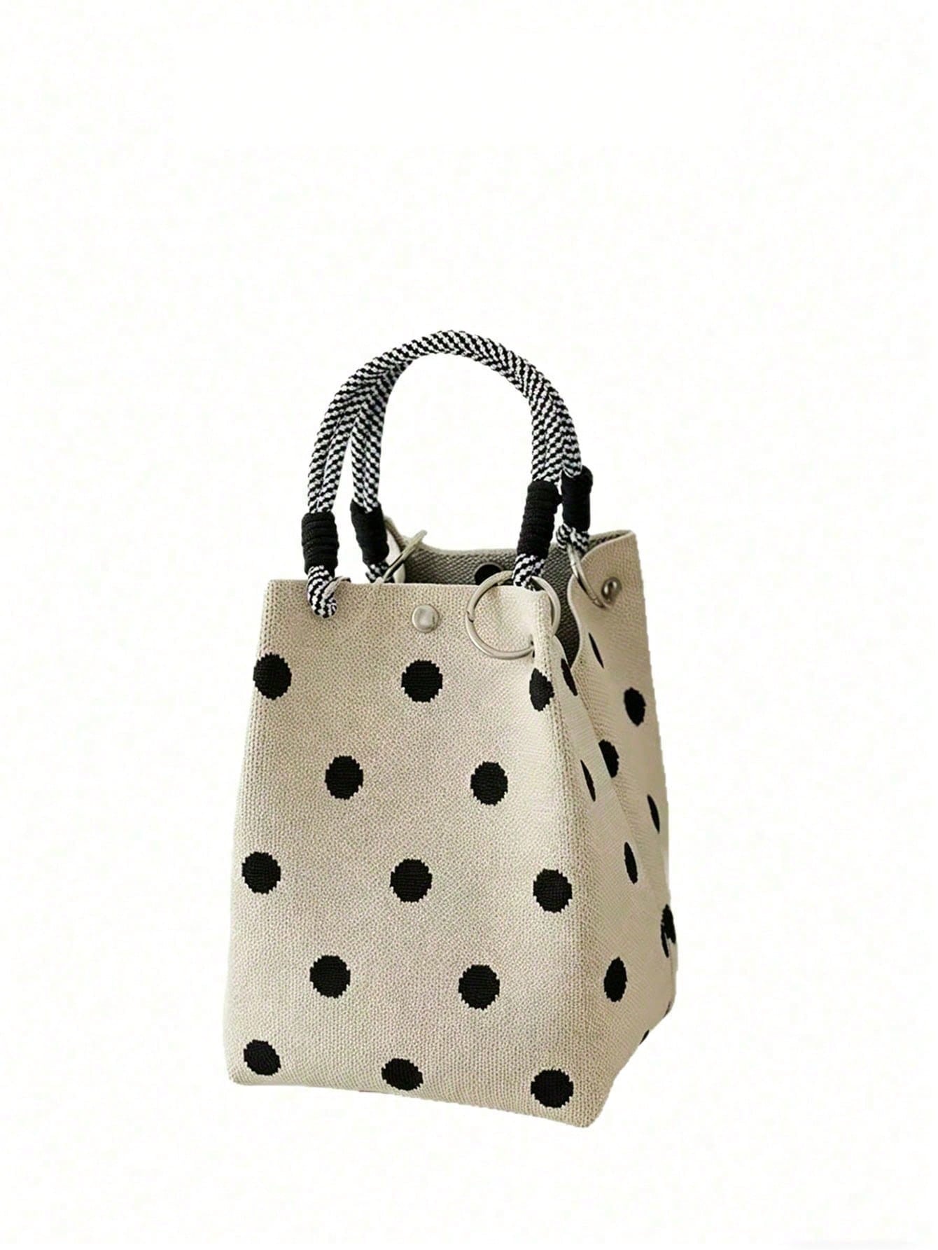 Practical And Stylish Canvas Tote Bag, Featuring Classic Polka Dot Pattern And Sturdy Woven Rope Handles. Durable Fabric, Secure Snap Closure And Spacious Interior Make It An Ideal Choice For Daily Us