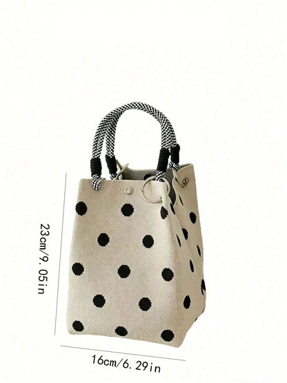 Practical And Stylish Canvas Tote Bag, Featuring Classic Polka Dot Pattern And Sturdy Woven Rope Handles. Durable Fabric, Secure Snap Closure And Spacious Interior Make It An Ideal Choice For Daily Us