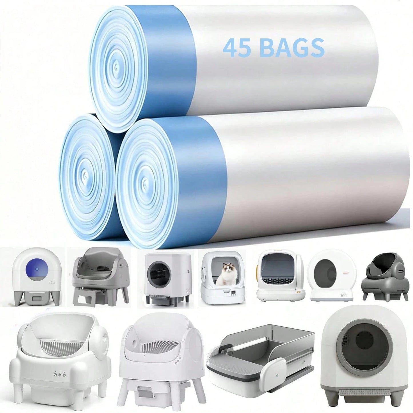 Pre-Separated Drawstring Cat Litter Bags 45Pcs, 26"*13" Universal Liner For 90% Cat Litter Boxes, Self-Cleaning Replacement Liners 3 Rolls 3-Month Use