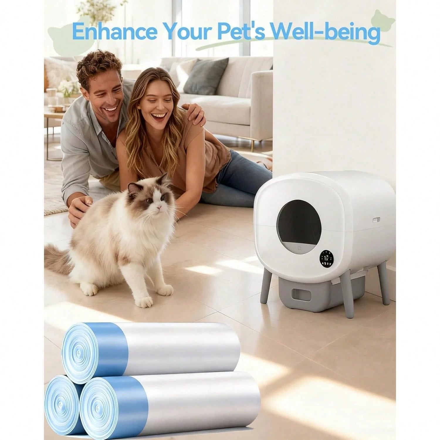 Pre-Separated Drawstring Cat Litter Bags 45Pcs, 26"*13" Universal Liner For 90% Cat Litter Boxes, Self-Cleaning Replacement Liners 3 Rolls 3-Month Use