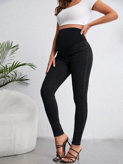 Pregnant Women Solid Color Simple Daily Denim Pants For Maternity Jeans