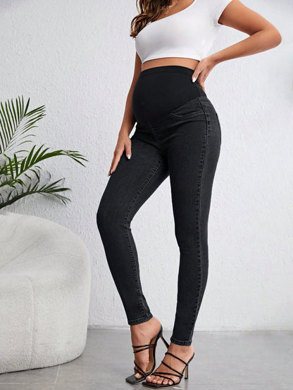Pregnant Women Solid Color Simple Daily Denim Pants For Maternity Jeans