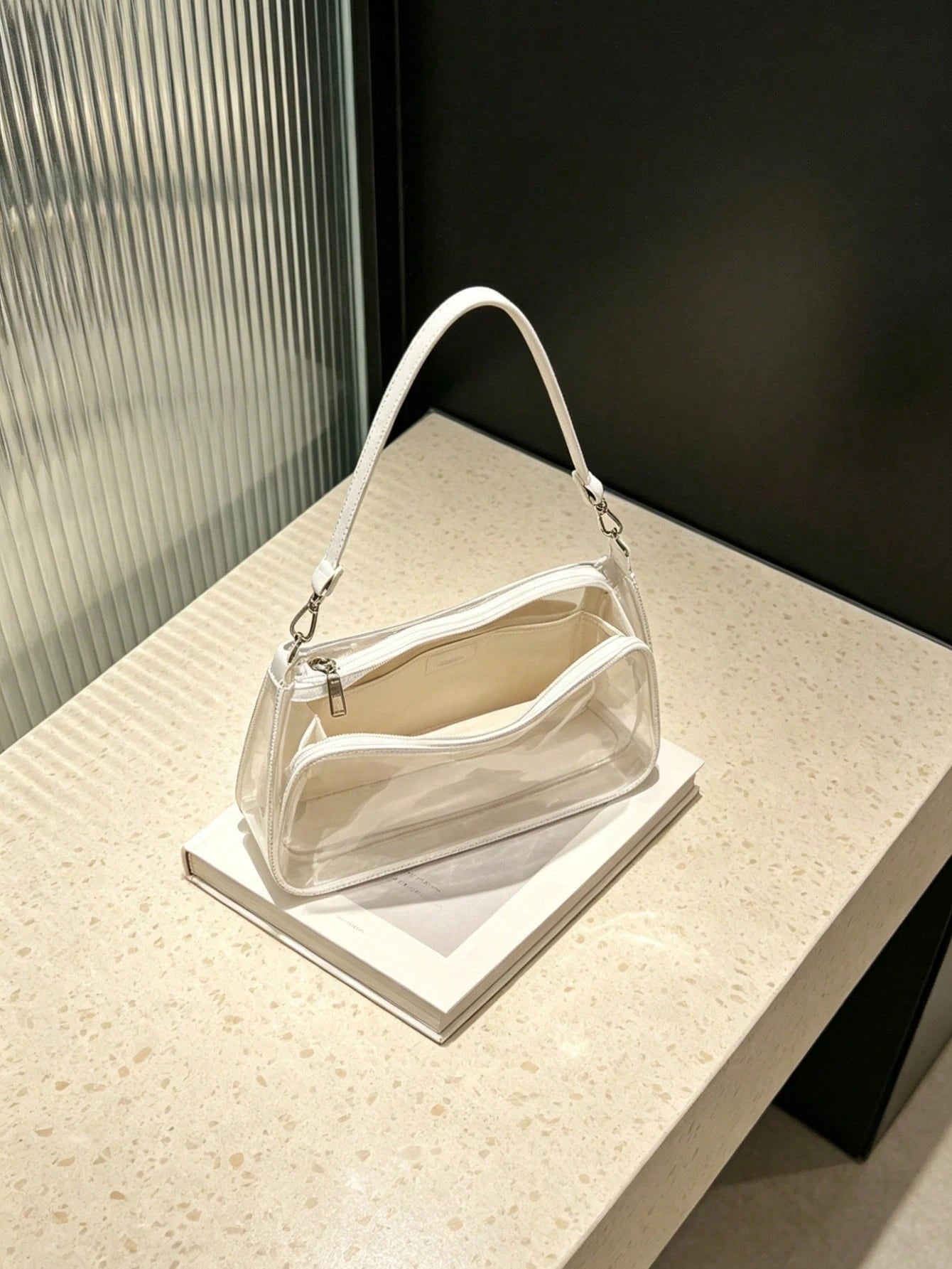 Premium Stitched Clear PVC Underarm Bag, Detachable Strap & Inner Zipper Pocket, Waterproof Stadium-Approved Shoulder Purse