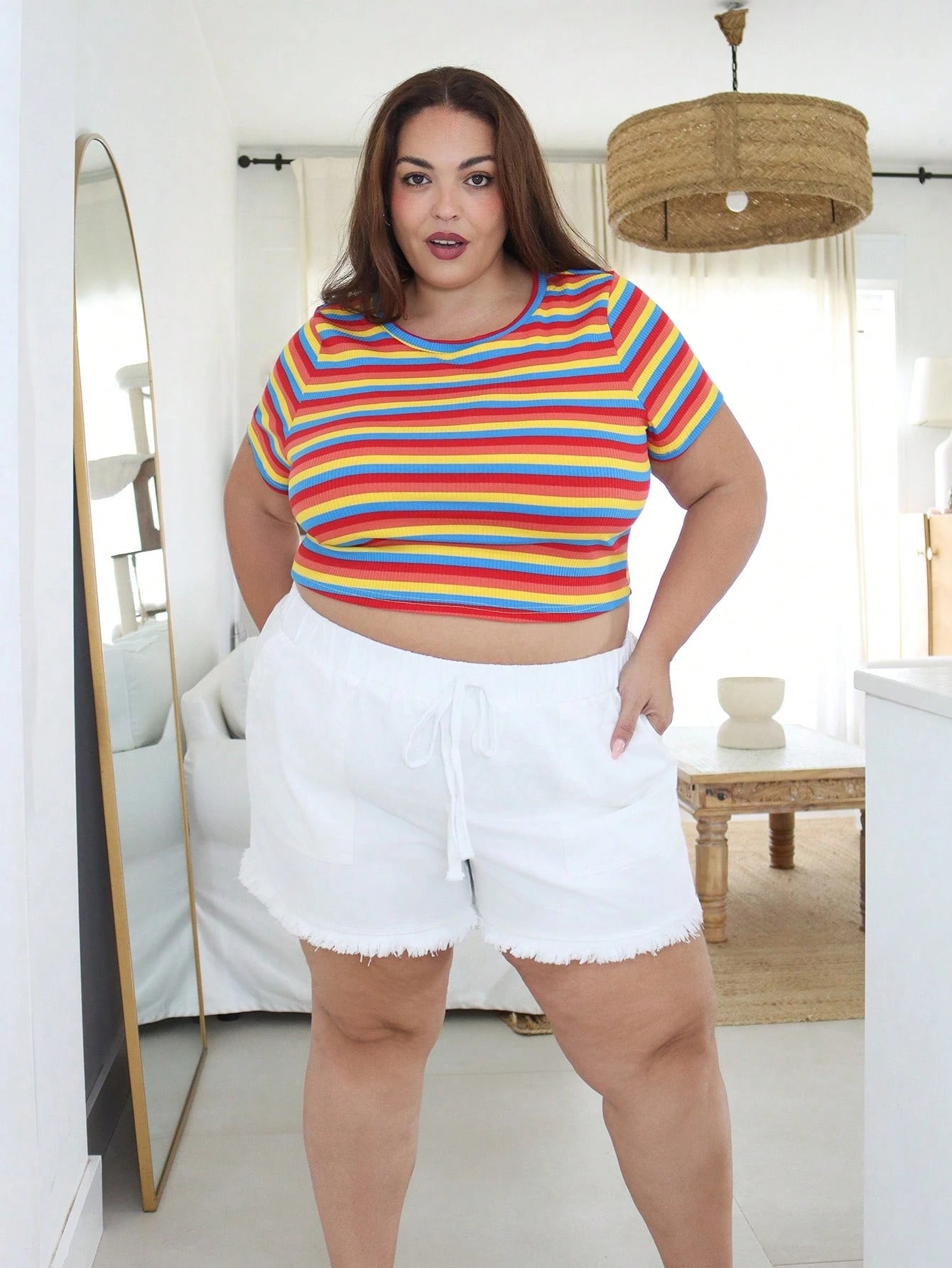 Pretty and Ole Plus Size Women's LGBT Pride Month Rainbow Striped Pattern Short Sleeve Casual T-Shirt, Fashionable For Summer