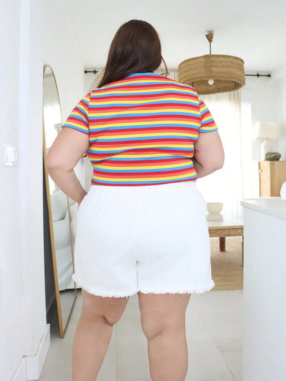 Pretty and Ole Plus Size Women's LGBT Pride Month Rainbow Striped Pattern Short Sleeve Casual T-Shirt, Fashionable For Summer