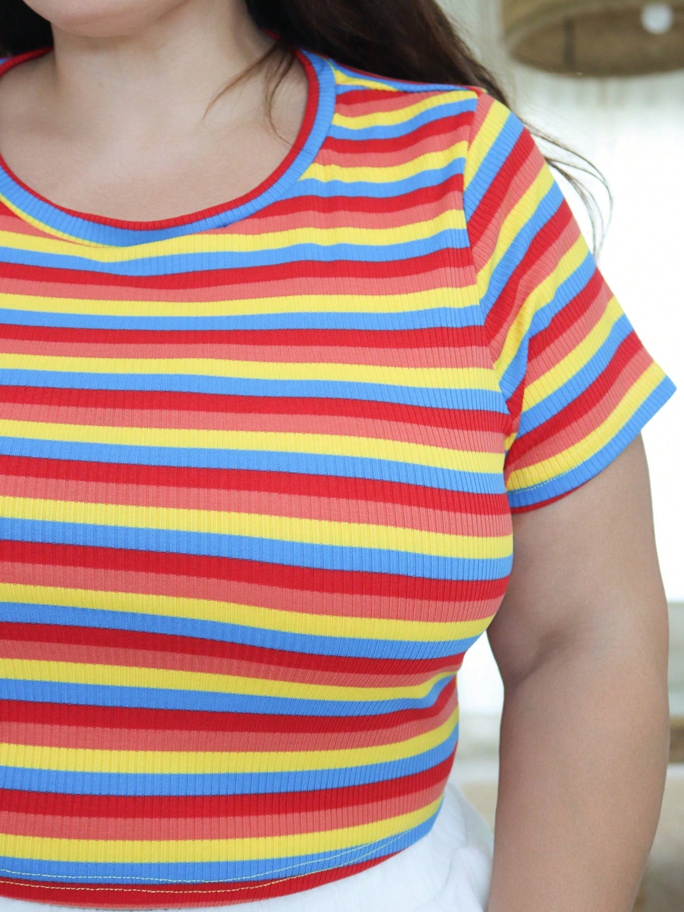 Pretty and Ole Plus Size Women's LGBT Pride Month Rainbow Striped Pattern Short Sleeve Casual T-Shirt, Fashionable For Summer
