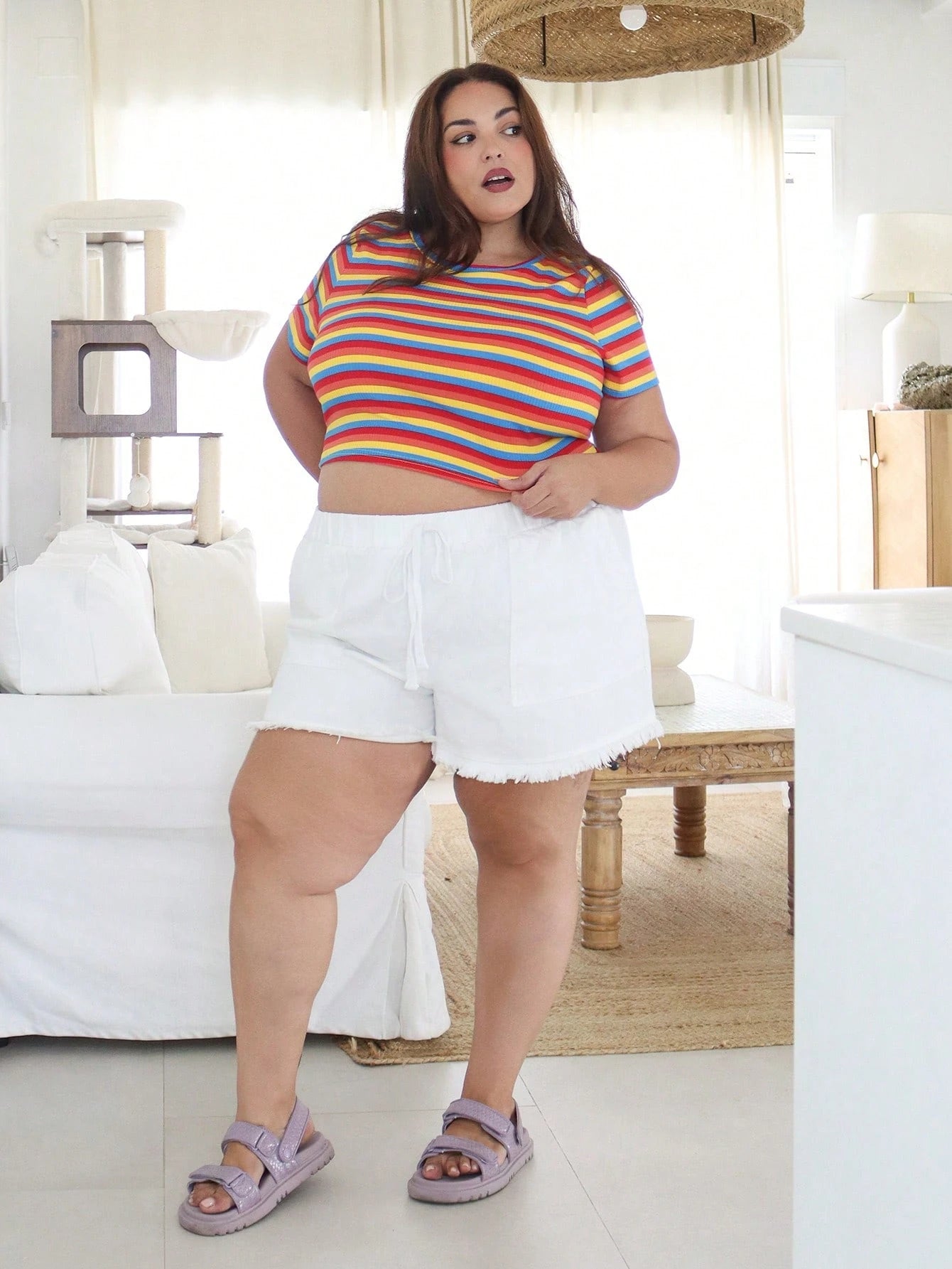 Pretty and Ole Plus Size Women's LGBT Pride Month Rainbow Striped Pattern Short Sleeve Casual T-Shirt, Fashionable For Summer