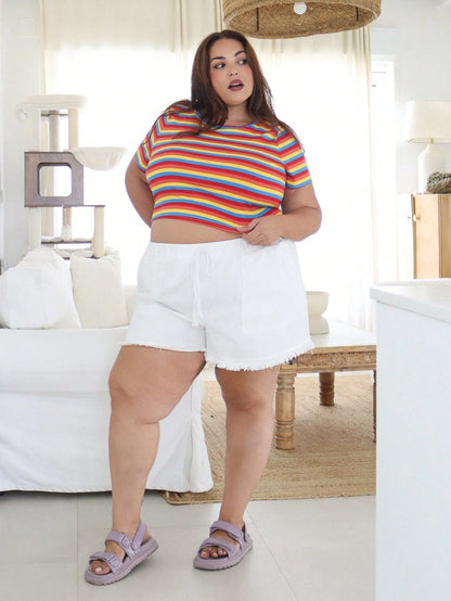 Pretty and Ole Plus Size Women's LGBT Pride Month Rainbow Striped Pattern Short Sleeve Casual T-Shirt, Fashionable For Summer