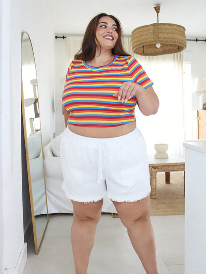 Pretty and Ole Plus Size Women's LGBT Pride Month Rainbow Striped Pattern Short Sleeve Casual T-Shirt, Fashionable For Summer