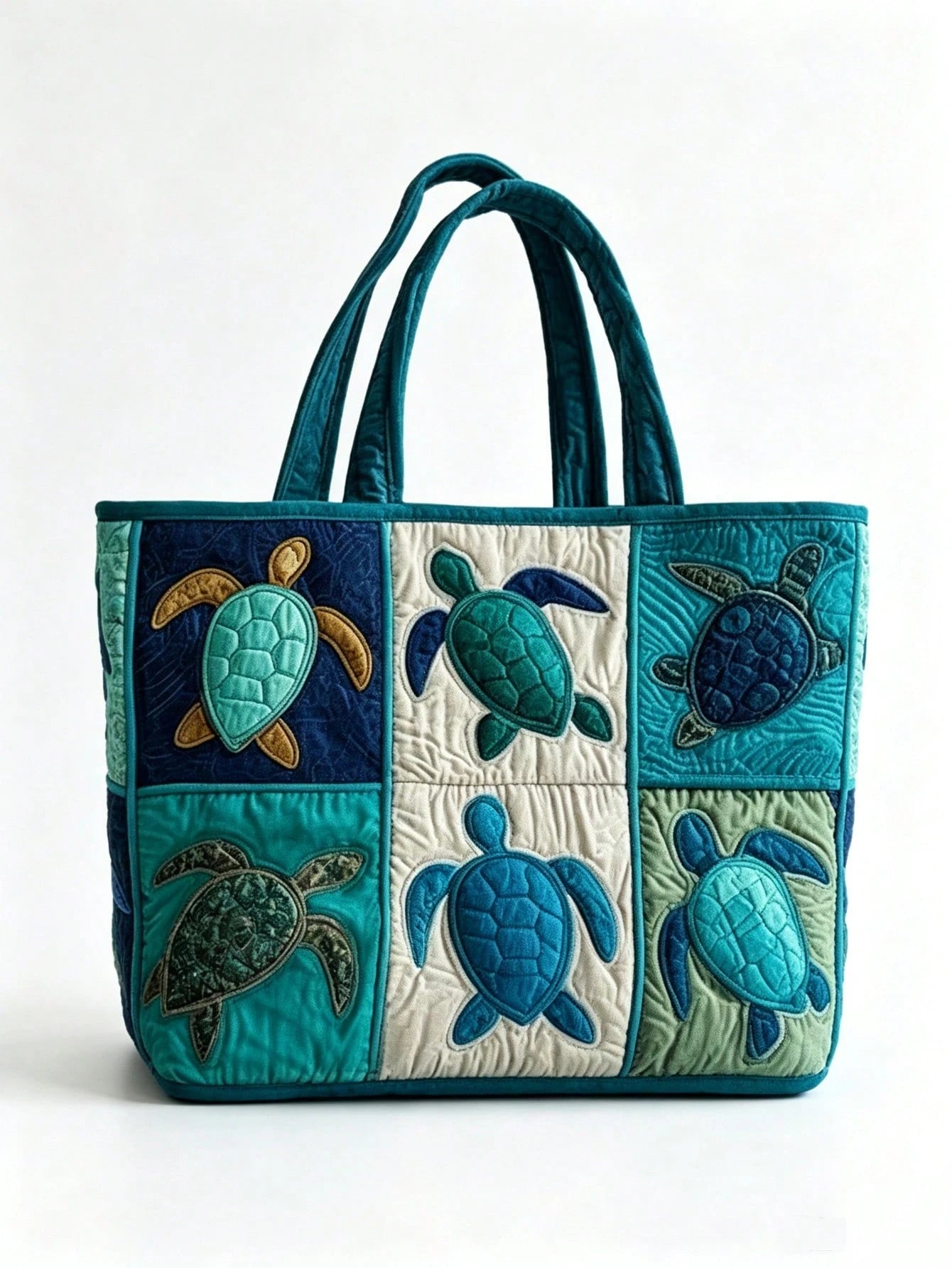 Quilted Tote Bag For Women For Women With Sea Turtle Patchwork Design, Machine Washable Canvas Beach Bag, Vacation, Shopping And Everyday Use