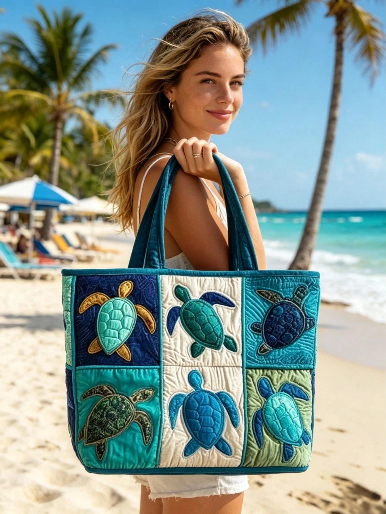 Quilted Tote Bag For Women For Women With Sea Turtle Patchwork Design, Machine Washable Canvas Beach Bag, Vacation, Shopping And Everyday Use