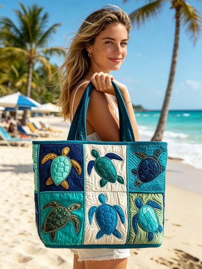 Quilted Tote Bag For Women For Women With Sea Turtle Patchwork Design, Machine Washable Canvas Beach Bag, Vacation, Shopping And Everyday Use