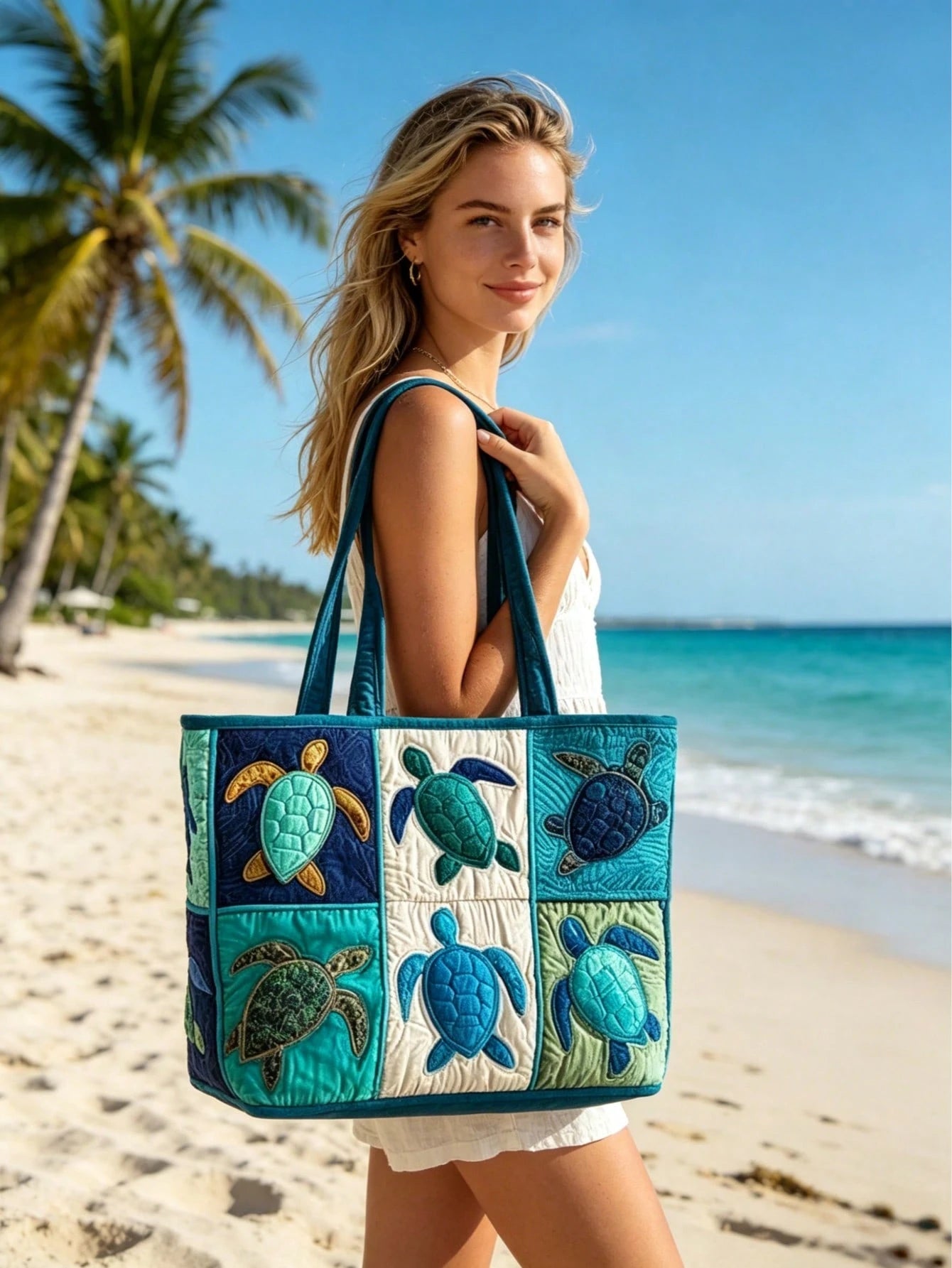 Quilted Tote Bag For Women For Women With Sea Turtle Patchwork Design, Machine Washable Canvas Beach Bag, Vacation, Shopping And Everyday Use