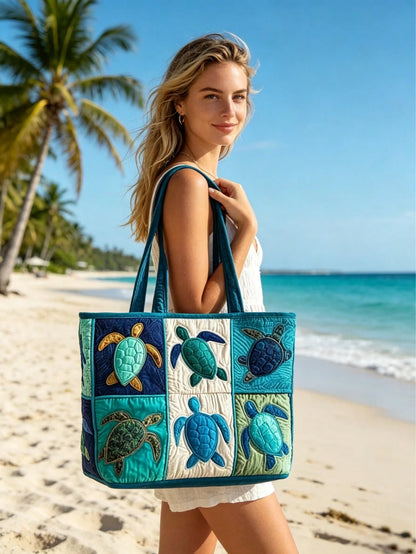 Quilted Tote Bag For Women For Women With Sea Turtle Patchwork Design, Machine Washable Canvas Beach Bag, Vacation, Shopping And Everyday Use