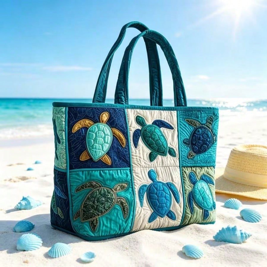 Quilted Tote Bag For Women For Women With Sea Turtle Patchwork Design, Machine Washable Canvas Beach Bag, Vacation, Shopping And Everyday Use