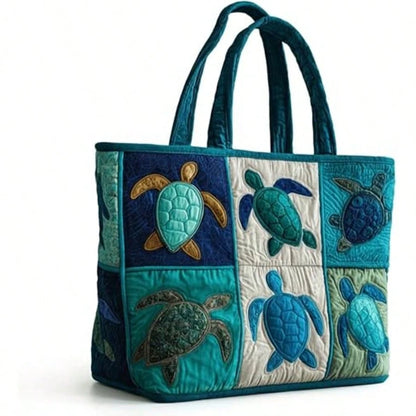 Quilted Tote Bag For Women For Women With Sea Turtle Patchwork Design, Machine Washable Canvas Beach Bag, Vacation, Shopping And Everyday Use