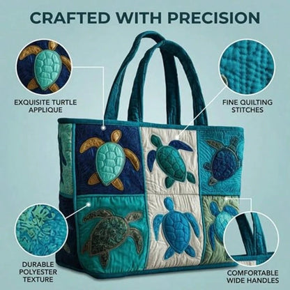 Quilted Tote Bag For Women For Women With Sea Turtle Patchwork Design, Machine Washable Canvas Beach Bag, Vacation, Shopping And Everyday Use