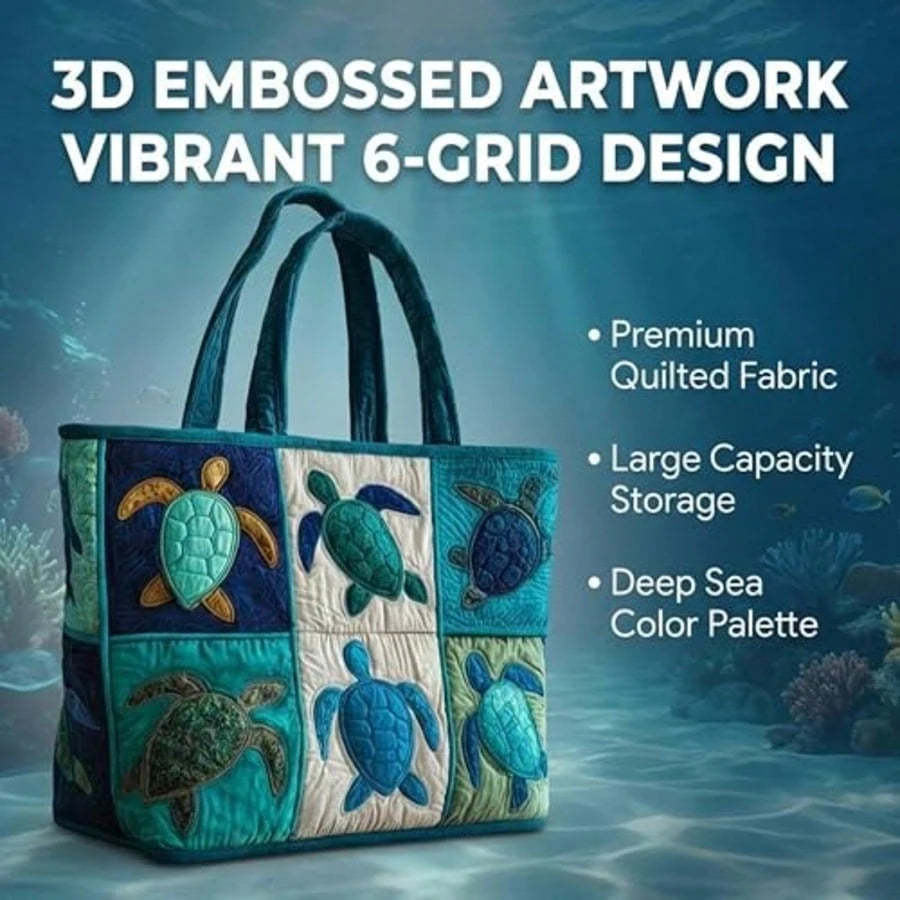 Quilted Tote Bag For Women For Women With Sea Turtle Patchwork Design, Machine Washable Canvas Beach Bag, Vacation, Shopping And Everyday Use