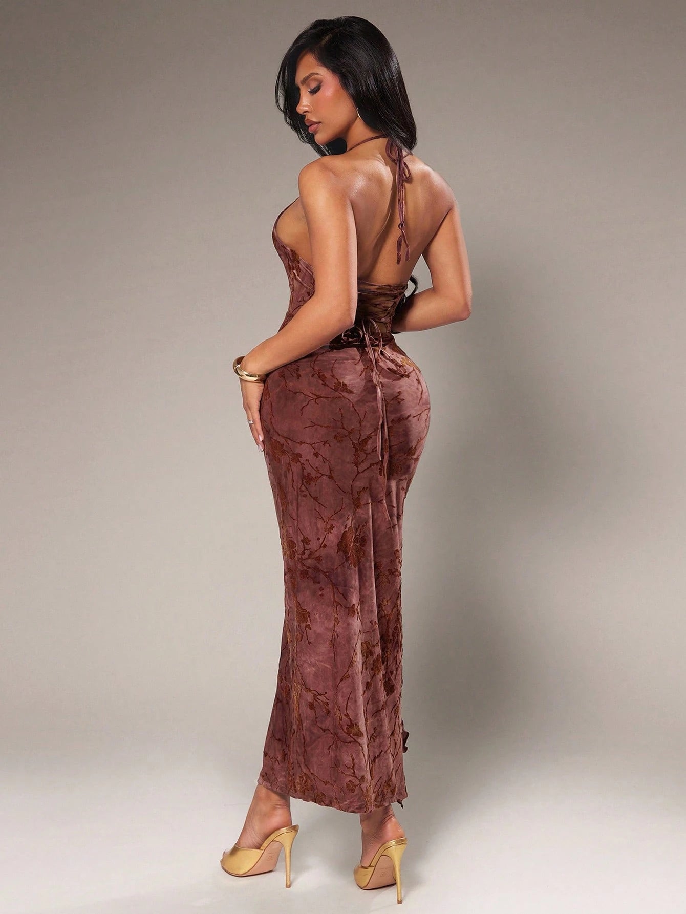 Radiana Elegant Burgundy Lace Patchwork Flocked Jacquard Fitted Spaghetti Strap Dress,Chic Summer Backless High Slit Mid-Length Party Night Club Dress