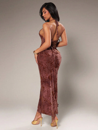 Radiana Elegant Burgundy Lace Patchwork Flocked Jacquard Fitted Spaghetti Strap Dress,Chic Summer Backless High Slit Mid-Length Party Night Club Dress