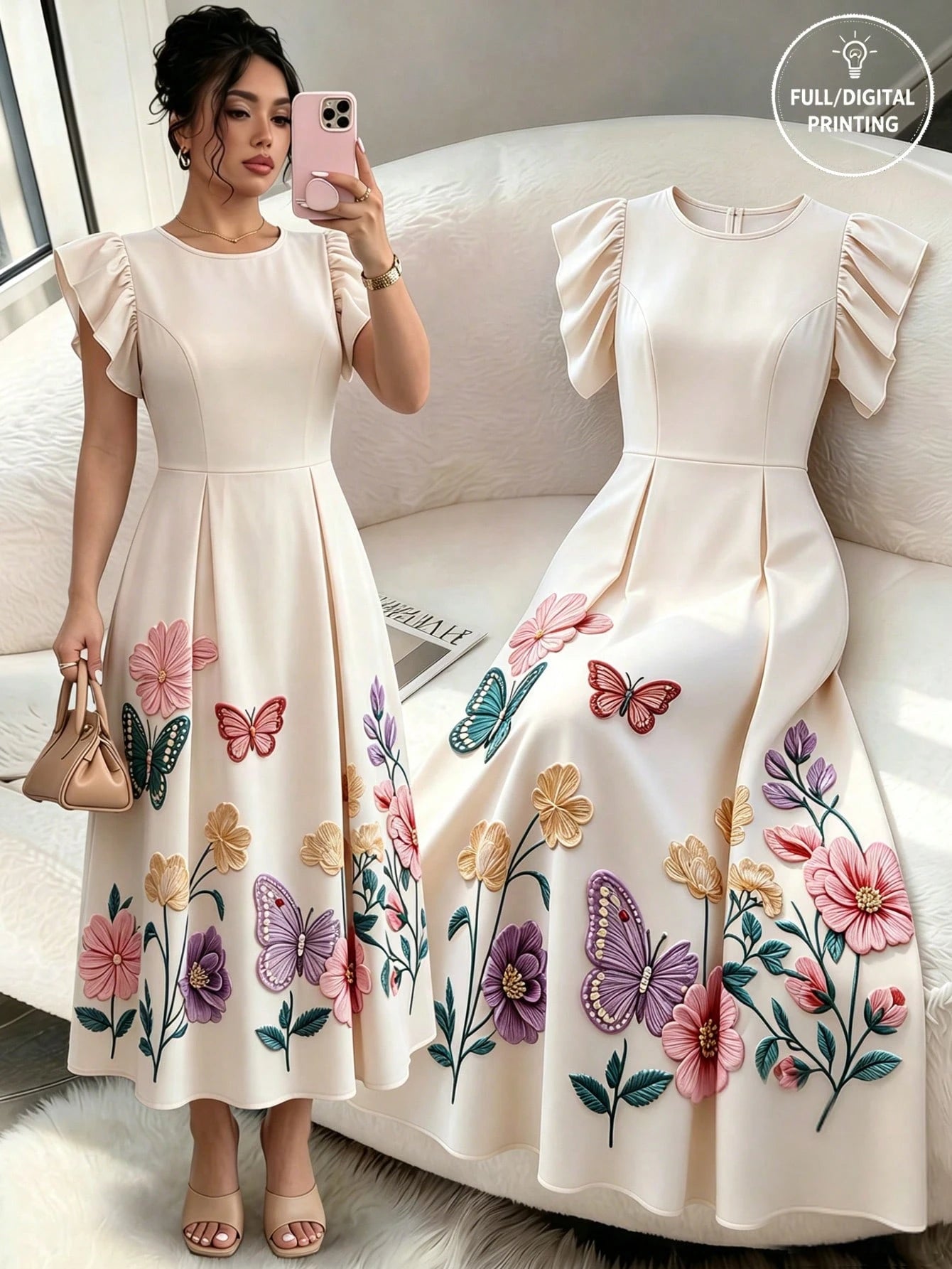 Rafferiza Floral Butterfly Embroidered Print Midi Dress, Women's Round Neck Flutter Sleeve A-Line Dress, White Embroidered Print Summer Casual Midi Dress, Elegant High Waist Floral Embroidered Print D