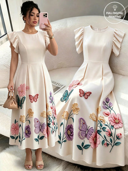 Rafferiza Floral Butterfly Embroidered Print Midi Dress, Women's Round Neck Flutter Sleeve A-Line Dress, White Embroidered Print Summer Casual Midi Dress, Elegant High Waist Floral Embroidered Print D