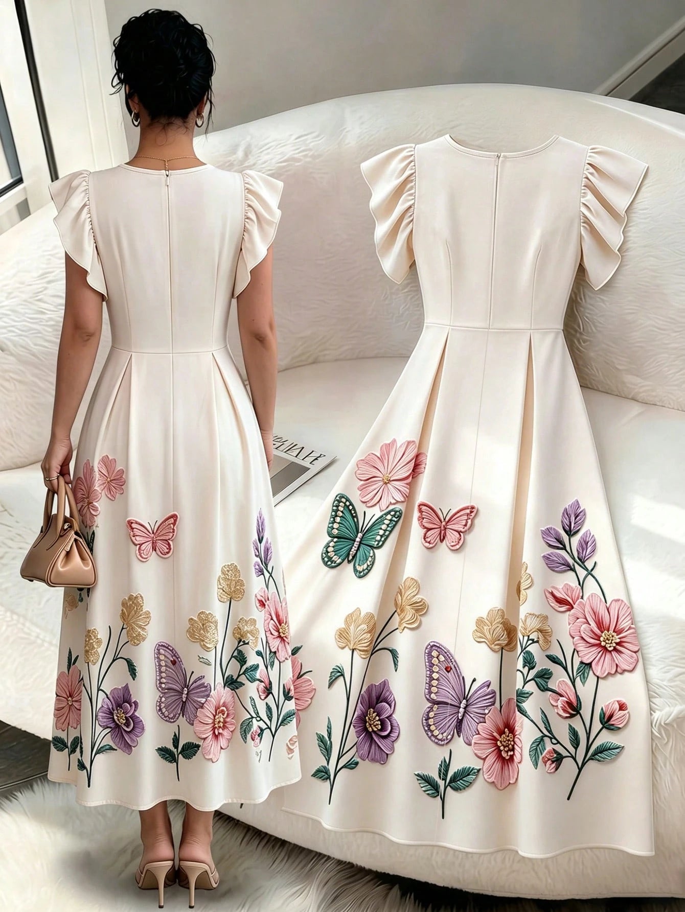Rafferiza Floral Butterfly Embroidered Print Midi Dress, Women's Round Neck Flutter Sleeve A-Line Dress, White Embroidered Print Summer Casual Midi Dress, Elegant High Waist Floral Embroidered Print D