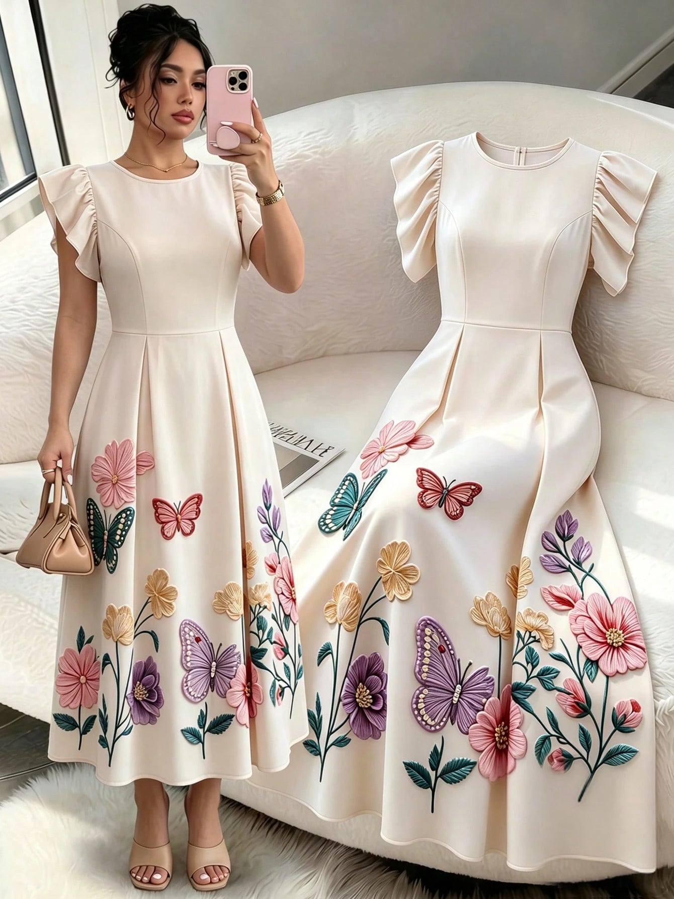Rafferiza Floral Butterfly Embroidered Print Midi Dress, Women's Round Neck Flutter Sleeve A-Line Dress, White Embroidered Print Summer Casual Midi Dress, Elegant High Waist Floral Embroidered Print D