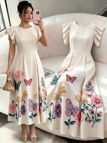 Rafferiza Floral Butterfly Embroidered Print Midi Dress, Women's Round Neck Flutter Sleeve A-Line Dress, White Embroidered Print Summer Casual Midi Dress, Elegant High Waist Floral Embroidered Print D