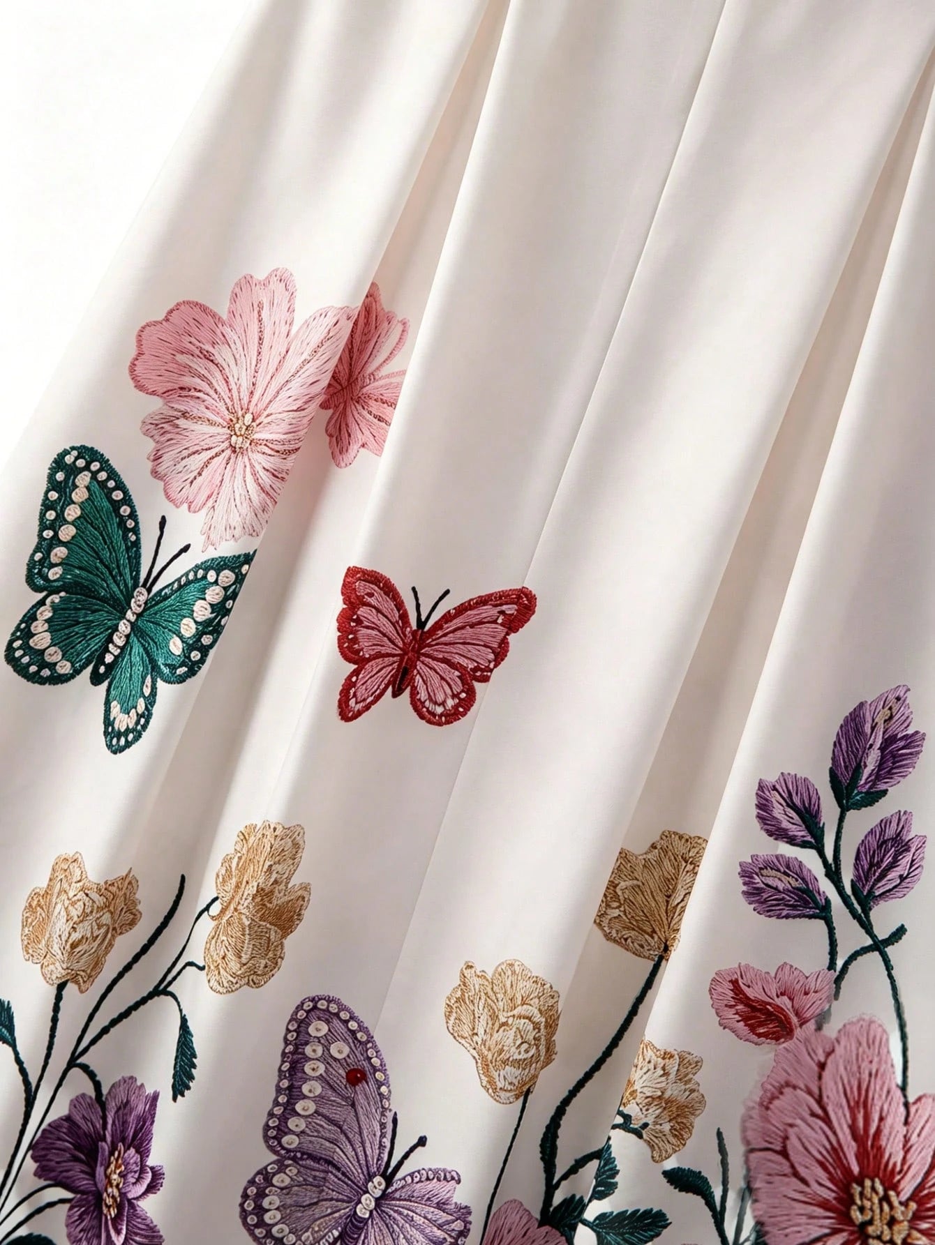 Rafferiza Floral Butterfly Embroidered Print Midi Dress, Women's Round Neck Flutter Sleeve A-Line Dress, White Embroidered Print Summer Casual Midi Dress, Elegant High Waist Floral Embroidered Print D