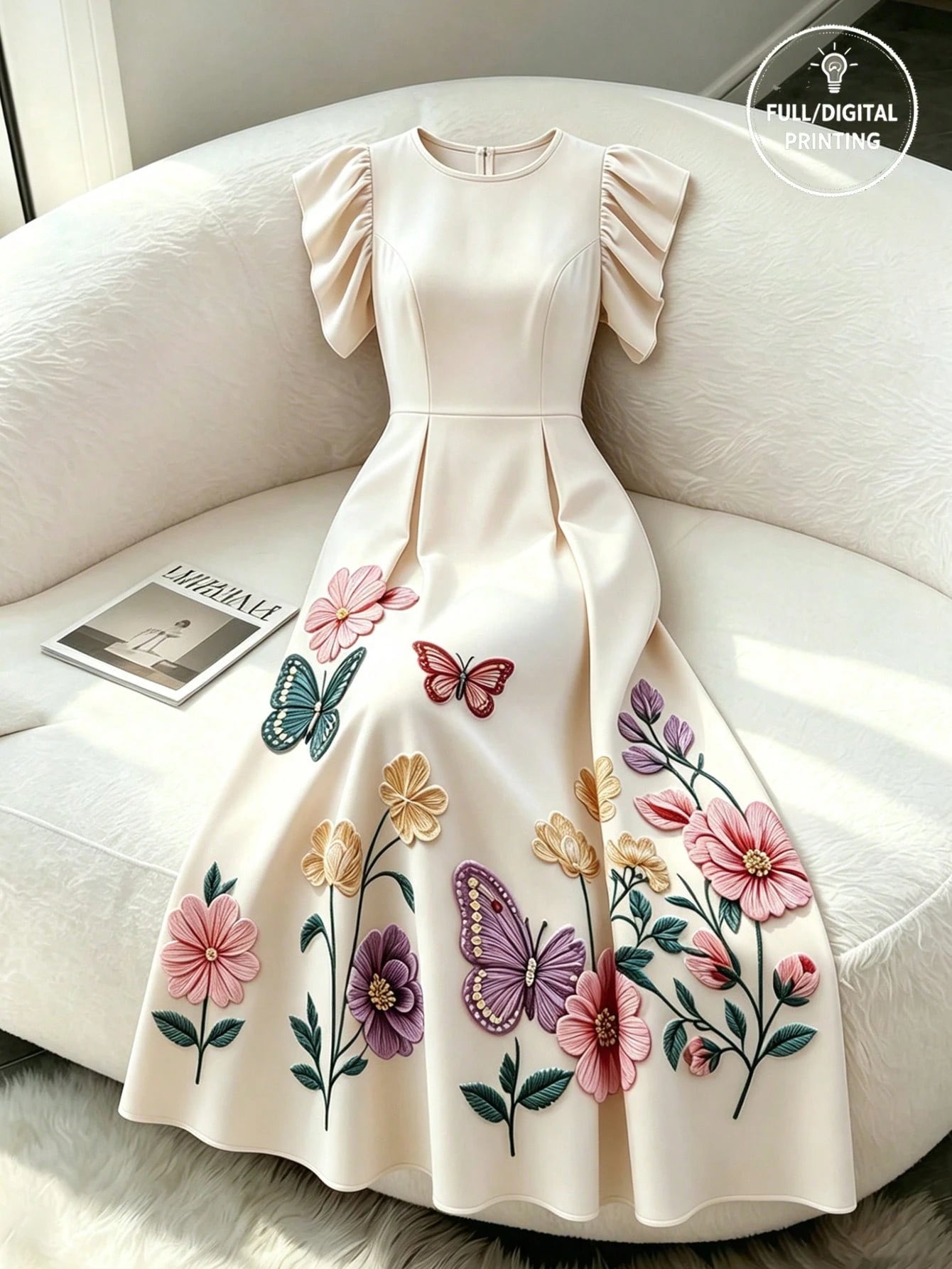 Rafferiza Floral Butterfly Embroidered Print Midi Dress, Women's Round Neck Flutter Sleeve A-Line Dress, White Embroidered Print Summer Casual Midi Dress, Elegant High Waist Floral Embroidered Print D