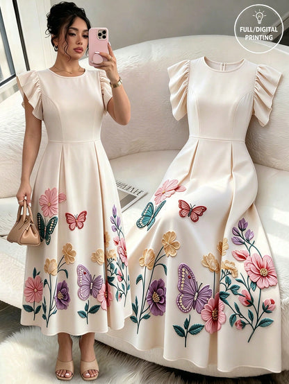 Rafferiza Floral Butterfly Embroidered Print Midi Dress, Women's Round Neck Flutter Sleeve A-Line Dress, White Embroidered Print Summer Casual Midi Dress, Elegant High Waist Floral Embroidered Print D