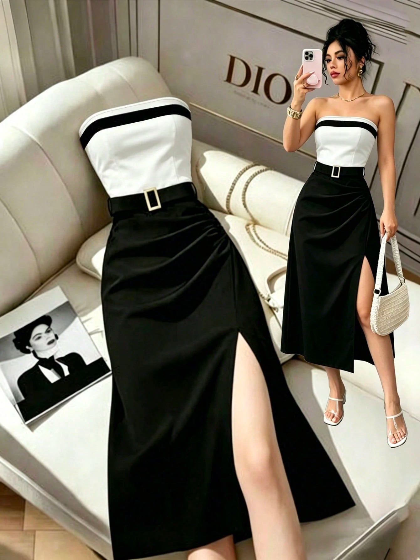 Rafferiza Women's Casual Colorblock Bandeau Waist-Cinched Slim Fit Pleated Hem Slit Dress, Sexy Dress, Commuter Dress, Fashionable Dress, Black And White Colorblock Design With Metal Buckle Belt, Offi