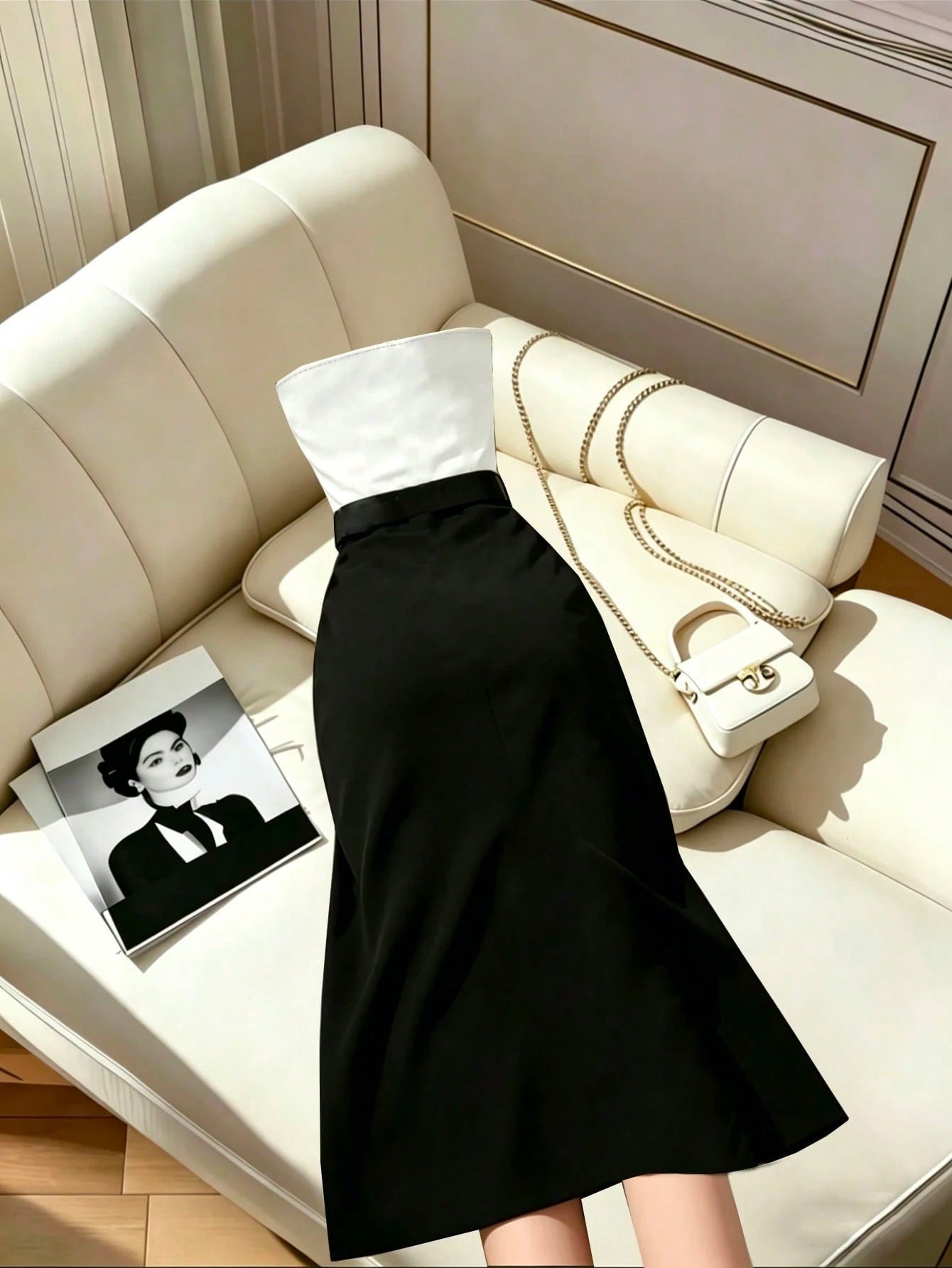 Rafferiza Women's Casual Colorblock Bandeau Waist-Cinched Slim Fit Pleated Hem Slit Dress, Sexy Dress, Commuter Dress, Fashionable Dress, Black And White Colorblock Design With Metal Buckle Belt, Offi