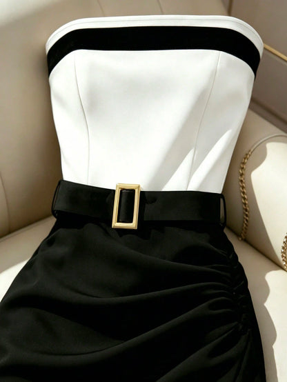 Rafferiza Women's Casual Colorblock Bandeau Waist-Cinched Slim Fit Pleated Hem Slit Dress, Sexy Dress, Commuter Dress, Fashionable Dress, Black And White Colorblock Design With Metal Buckle Belt, Offi
