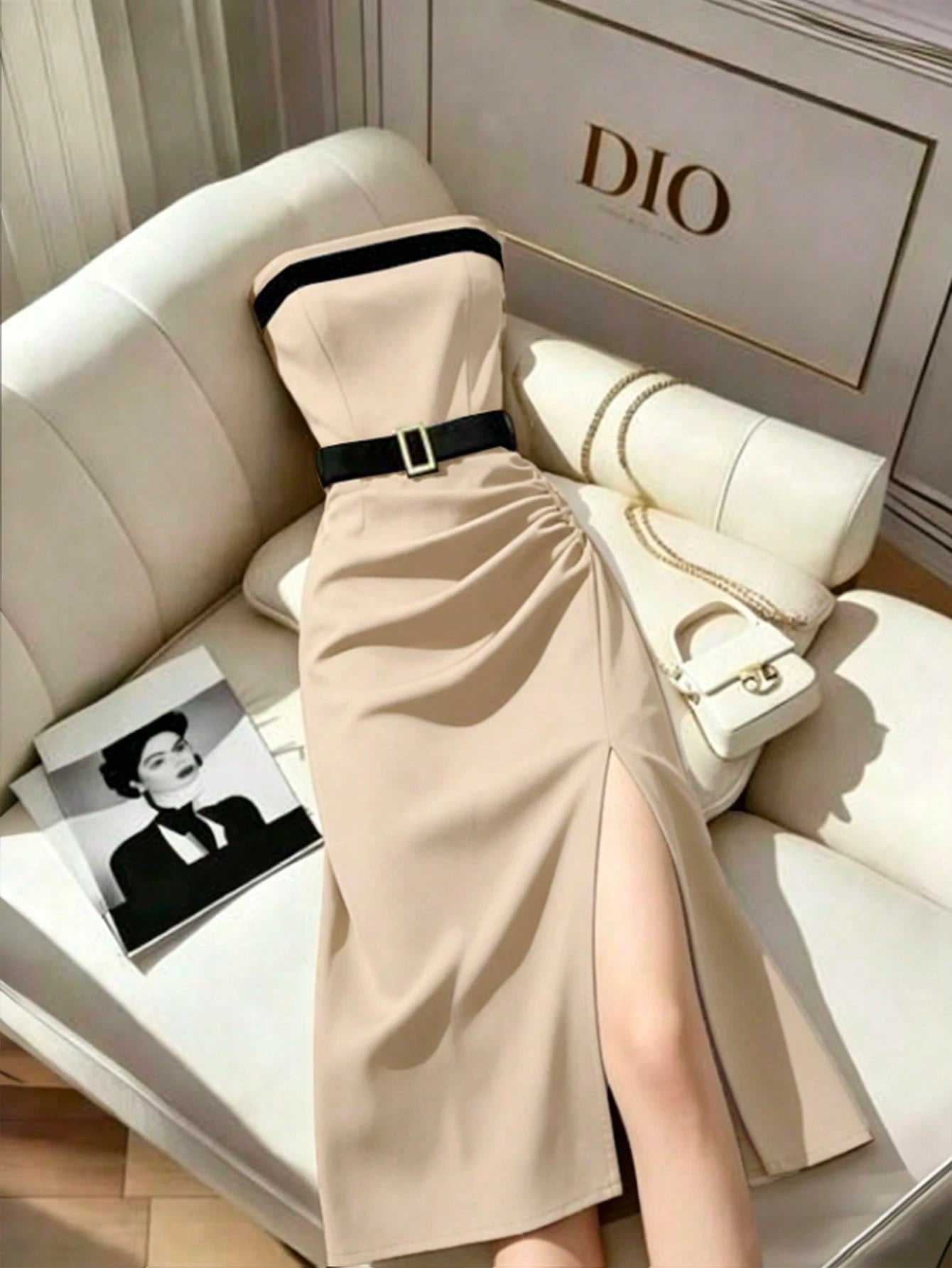 Rafferiza Women's Casual Colorblock Bandeau Waist-Cinched Slim Fit Pleated Hem Slit Dress, Sexy Dress, Commuter Dress, Fashionable Dress, Black And White Colorblock Design With Metal Buckle Belt, Offi