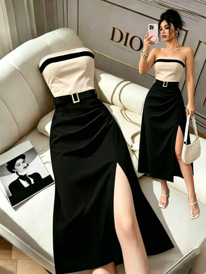 Rafferiza Women's Casual Colorblock Bandeau Waist-Cinched Slim Fit Pleated Hem Slit Dress, Sexy Dress, Commuter Dress, Fashionable Dress, Black And White Colorblock Design With Metal Buckle Belt, Offi