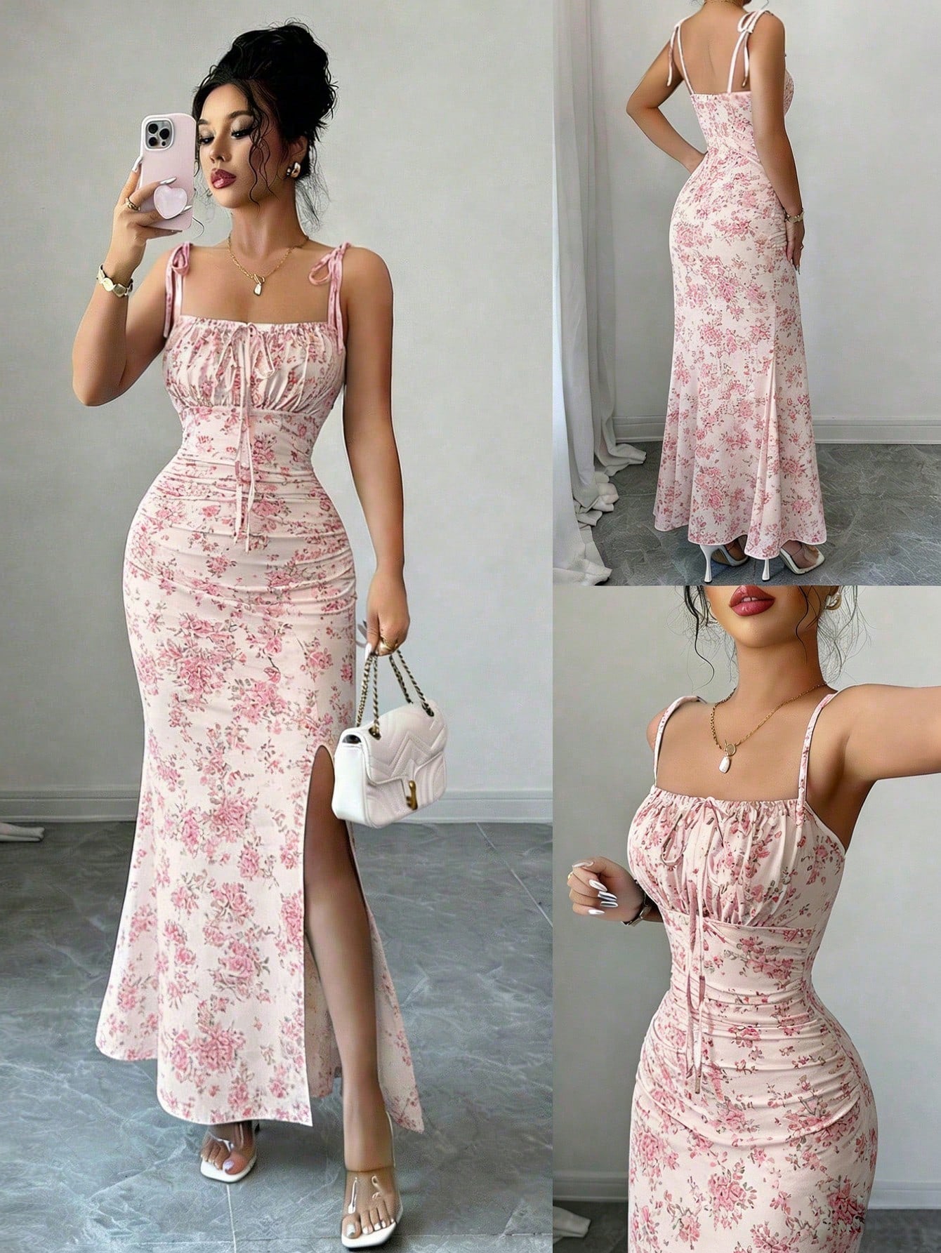 Rafferiza Women's New Square Neck Spaghetti Strap Pleated Front Tie Waist Fitted Side Slit Maxi Fishtail Dress