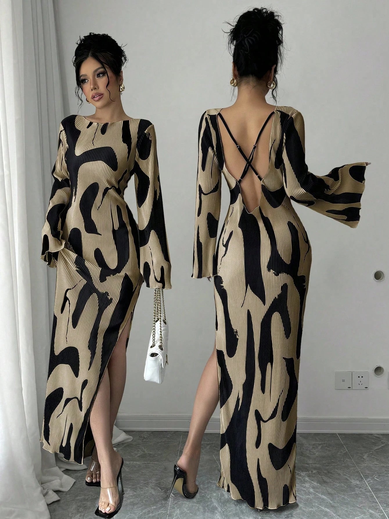 Raffinéa Women's Pattern Print Backless Cross Design Side Slit Dress, Fashionable And Elegant Fall Cloth For Women