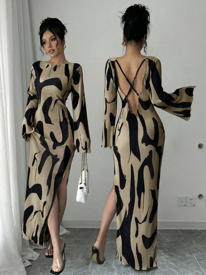 Raffinéa Women's Pattern Print Backless Cross Design Side Slit Dress, Fashionable And Elegant Fall Cloth For Women