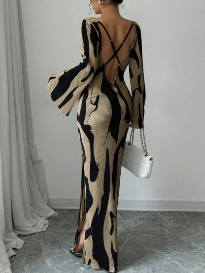 Raffinéa Women's Pattern Print Backless Cross Design Side Slit Dress, Fashionable And Elegant Fall Cloth For Women