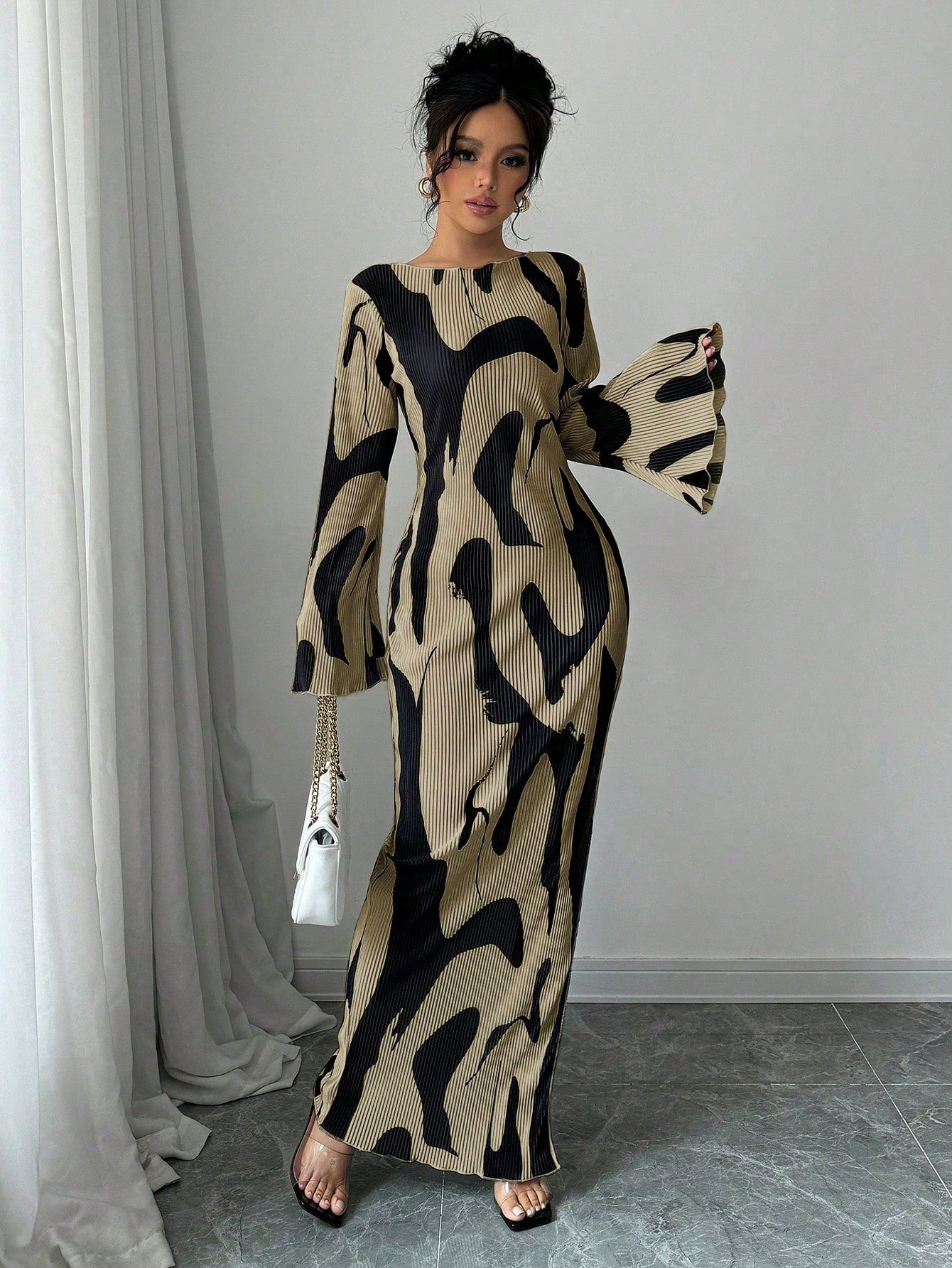 Raffinéa Women's Pattern Print Backless Cross Design Side Slit Dress, Fashionable And Elegant Fall Cloth For Women