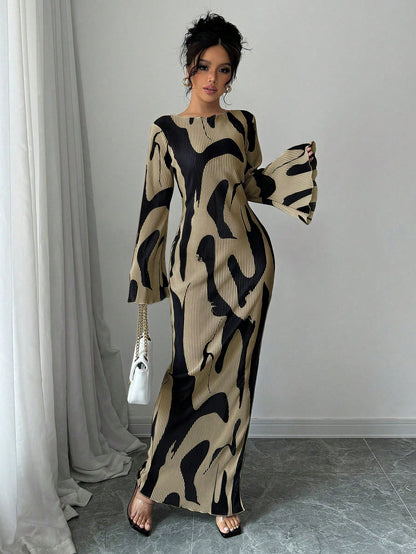 Raffinéa Women's Pattern Print Backless Cross Design Side Slit Dress, Fashionable And Elegant Fall Cloth For Women